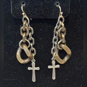 Sterling Silver Cross & Brass chain dangle earrings & ear post 14k gf Signed JHK